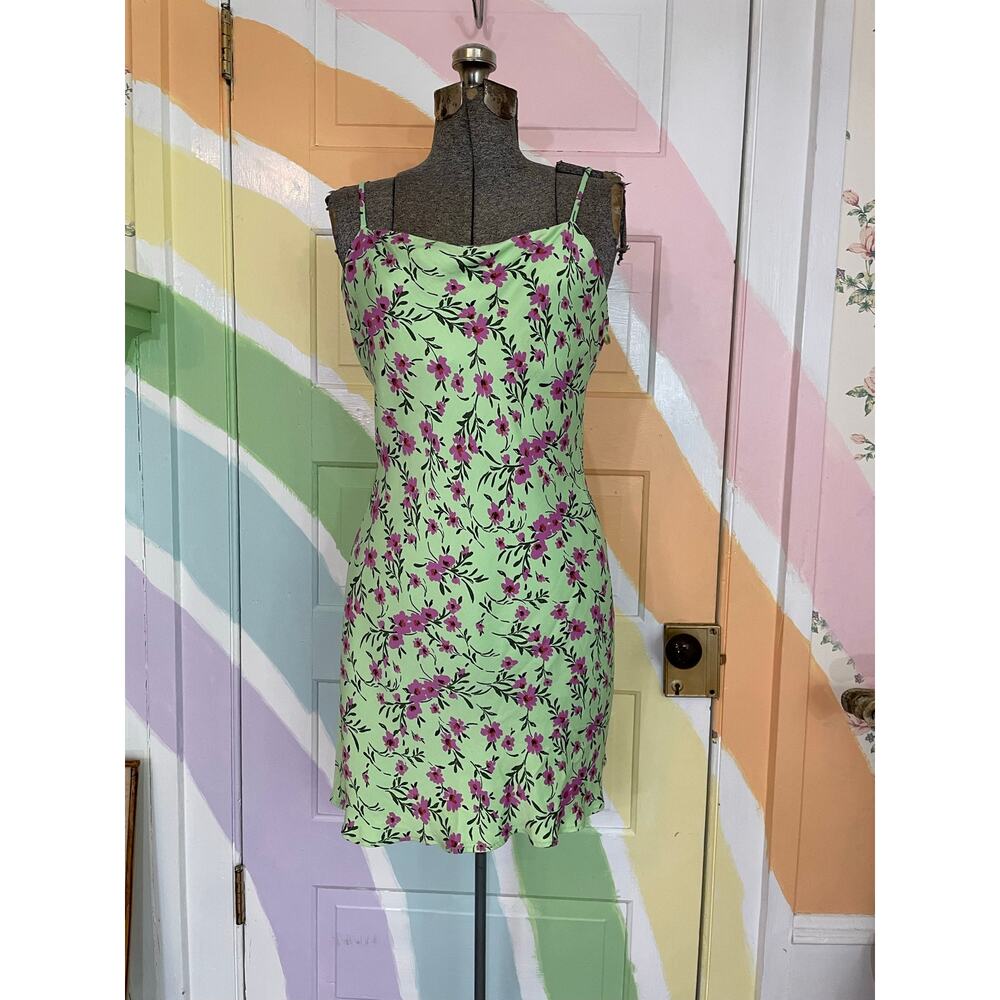 Zara Green Floral Slip Dress Size L Spaghetti Strap Mini Y2K